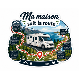 🚐 Sticker Premium “Ma maison suit la route” – Design GPS Camping-Car & Vanlife