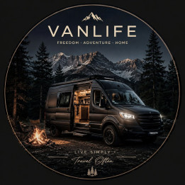 Sticker Vanlife Premium 20x20 cm – Fourgon Aménagé Noir Mat • Road Trip Montagne & Forêt
