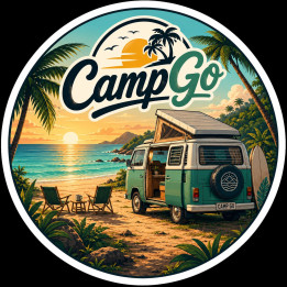 Sticker Premium CampGo Tropical Paradise 21x21 cm – Vanlife Plage Paradisiaque