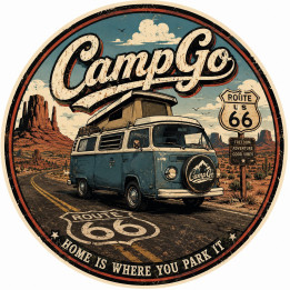 Sticker Premium CampGo Route 66 Vintage 21x21 cm – Van Aménagé Style Biker Rétro USA