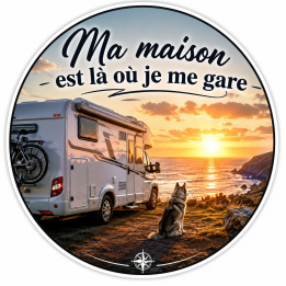 Sticker Premium Camping-Car « Ma maison est là où je me gare » – UV DTF Haute Définition – 20 x 20 cm