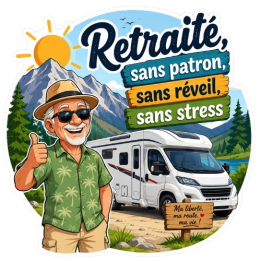 Sticker Camping-Car Retraité – Sans Patron, Sans Réveil, Sans Stress – Impression UV DTF Haute Définition