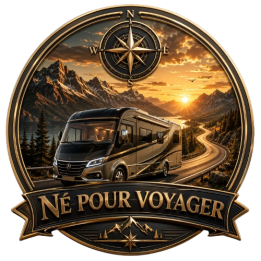 Sticker Camping-Car Premium « Né pour Voyager » – Impression UV DTF Haute Définition – Design Luxe Effet Métallique – 20 x 20 cm