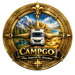 Sticker Premium CAMPGO – Peu Importe la Direction – Boussole Dorée & Camping-Car